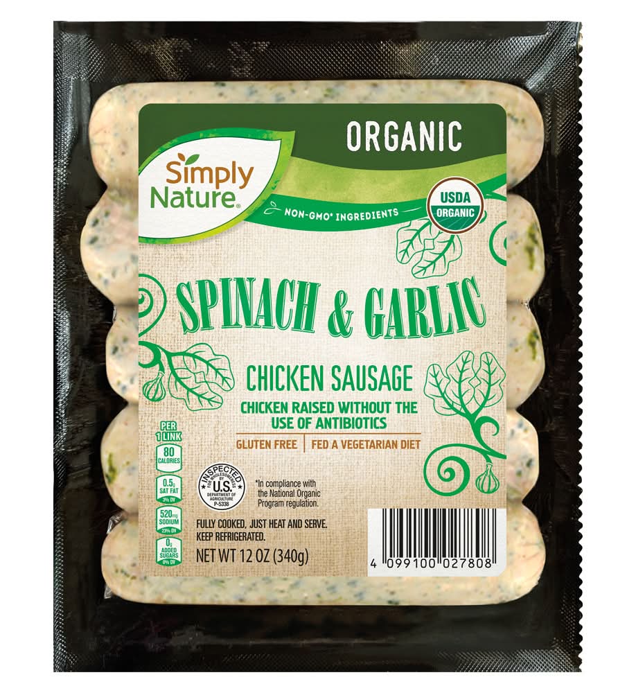 Simply Nature Organic Chicken Sausages, Spinach (12 oz)