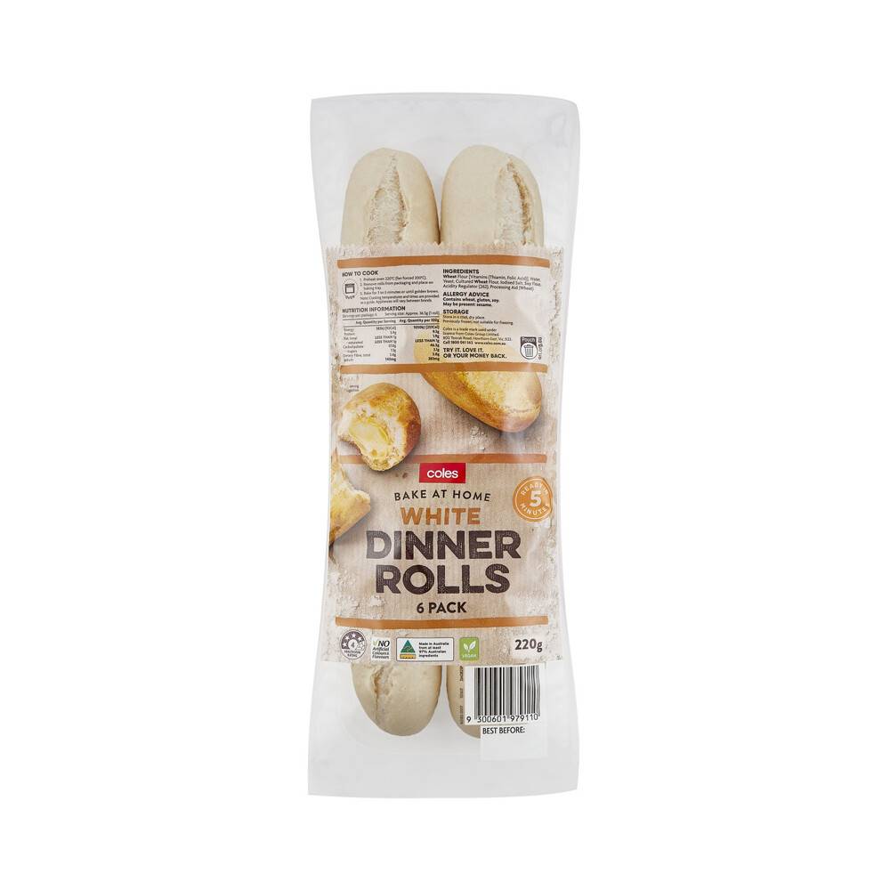 Coles White Dinner Rolls (220g, 6 pack)