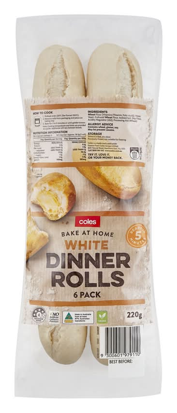 Coles White Dinner Rolls (220g, 6 pack)
