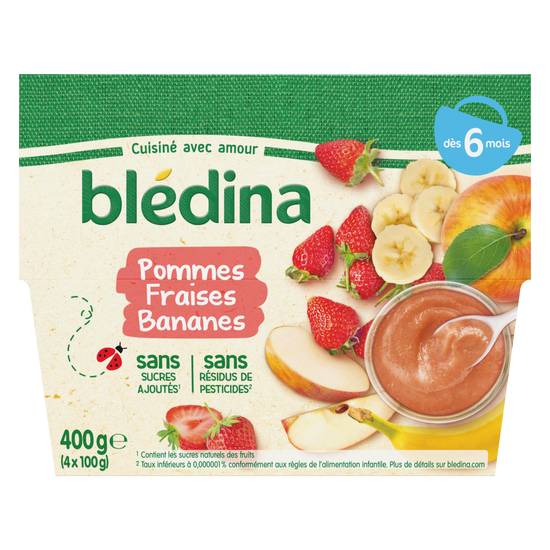 Blédina - -Purée de fruits bébé pommes fraises bananes dès 6 mois  ( 4 pièce )