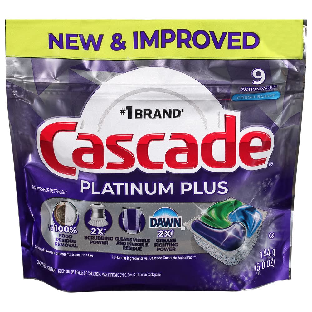 Cascade Actionpacs Platinum Plus Dishwasher Detergent Soap (5 oz, 9 ct)