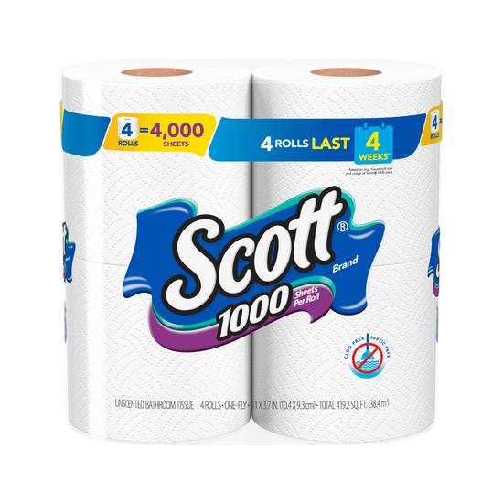 Scott 1000 Sheets Per Roll Toilet Paper, Bath Tissue, 4 ct