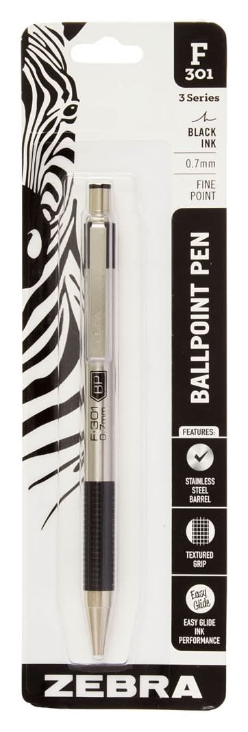 Zebra F 301 Stainless Steel Barrel Retractable Ballpoint Pen Black