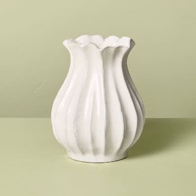 Hearth & Hand Pleated Ceramic Vase With Magnolia, 9 in, Sour Cream