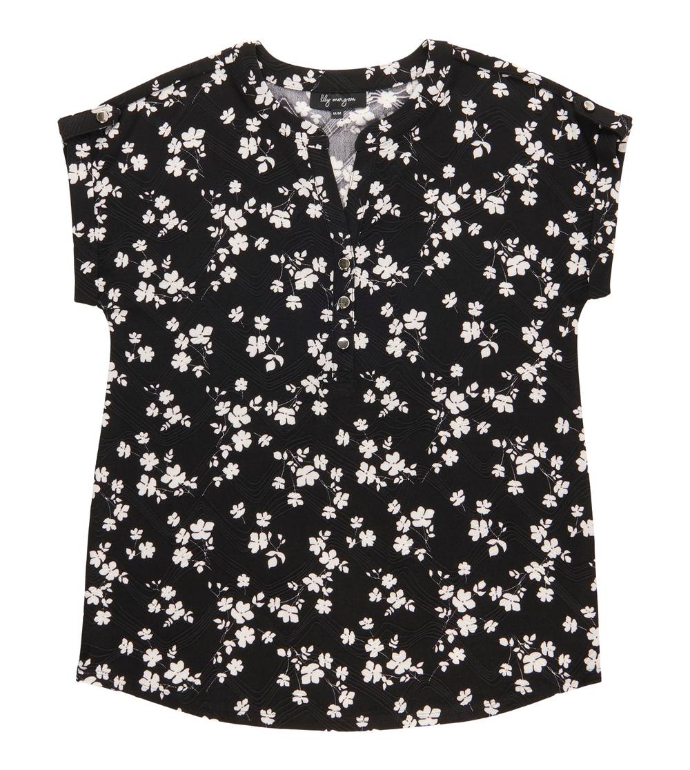 Haut boutonné avec patte de boutonnage lily morgan pour femmes (TG, Floral noir FL10) / lily morgan Women's Tab Sleeve Button Top (XL, Black FL10)