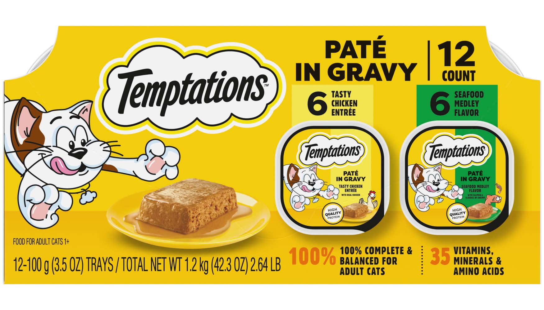 Temptations Pate in Gravy Wet Cat Food Variety pack, Tasty Chicken Entrée-Seafood Medley, Adult (12 x 3.5 oz)