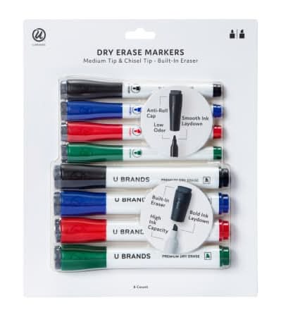 U Brands® Dry Erase Markers Medium & Chisel Tip With Built-In Eraser 8-Count