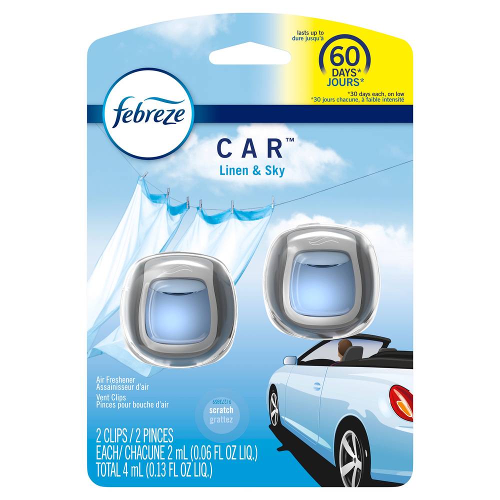 Febreze Car Odor-Eliminating Car Freshener Vent Clip, Linen & Sky, 2 Ct