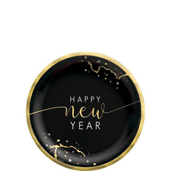 Party City Happy New Year Paper Dessert Plates (6-3/4"/black/gold)