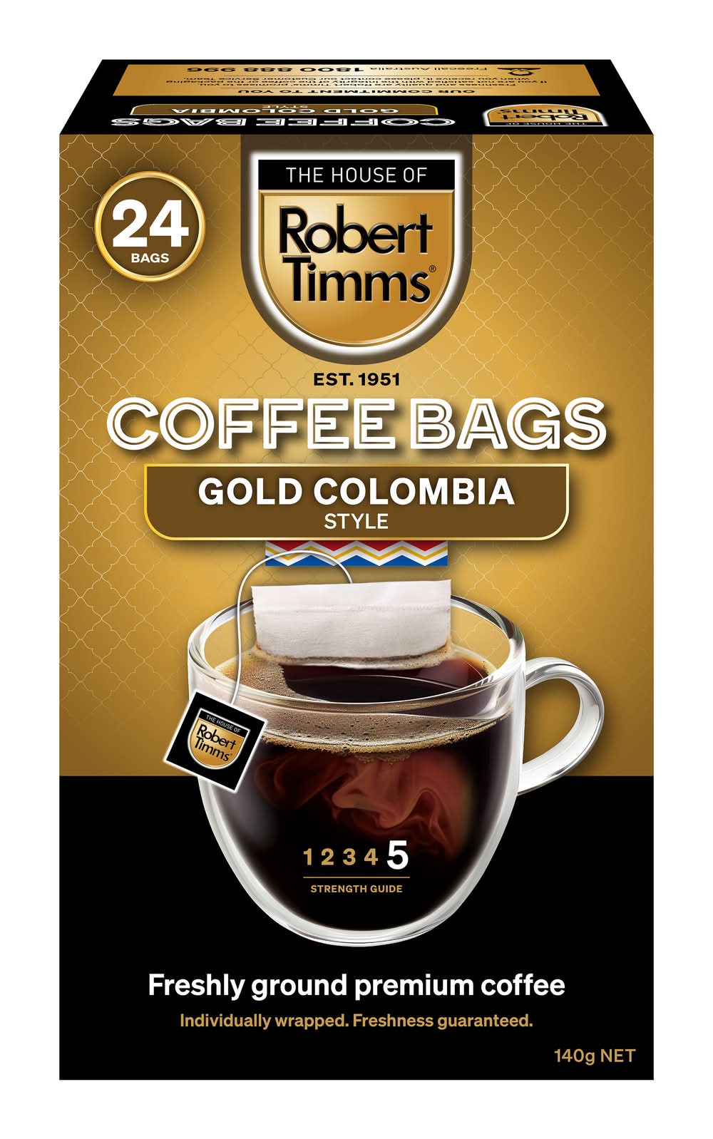 Robert Timms Gold Columbia Style Coffee Bags (140g, 24 pack)