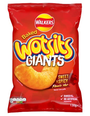 Walkers Flamin' Hot, Wotsits Giants Sweet & Spicy Baked Corn Puffs (130g)