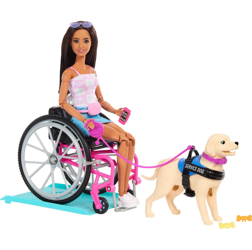 Barbie Brunette Fashion Doll & Service Dog Playset With Wheelchair, Ramp & Accessories
