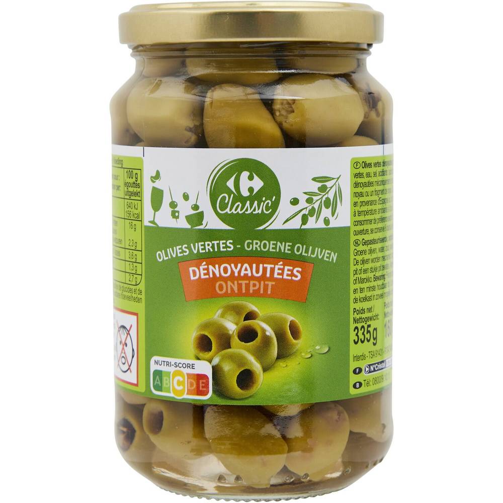 Olives vertes  dénoyautées  CARREFOUR - le bocal de 160g net égoutté