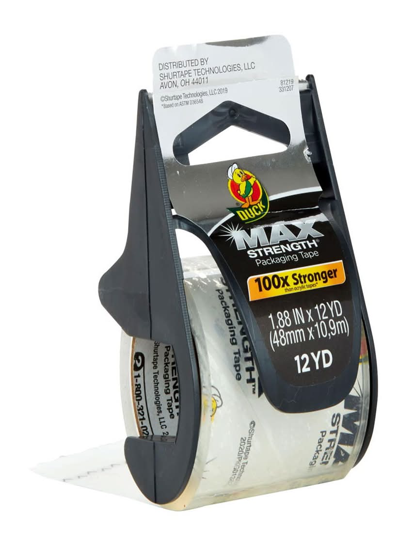 Duck Max Strength Packaging Tape, 1.88in x 12yd, Clear