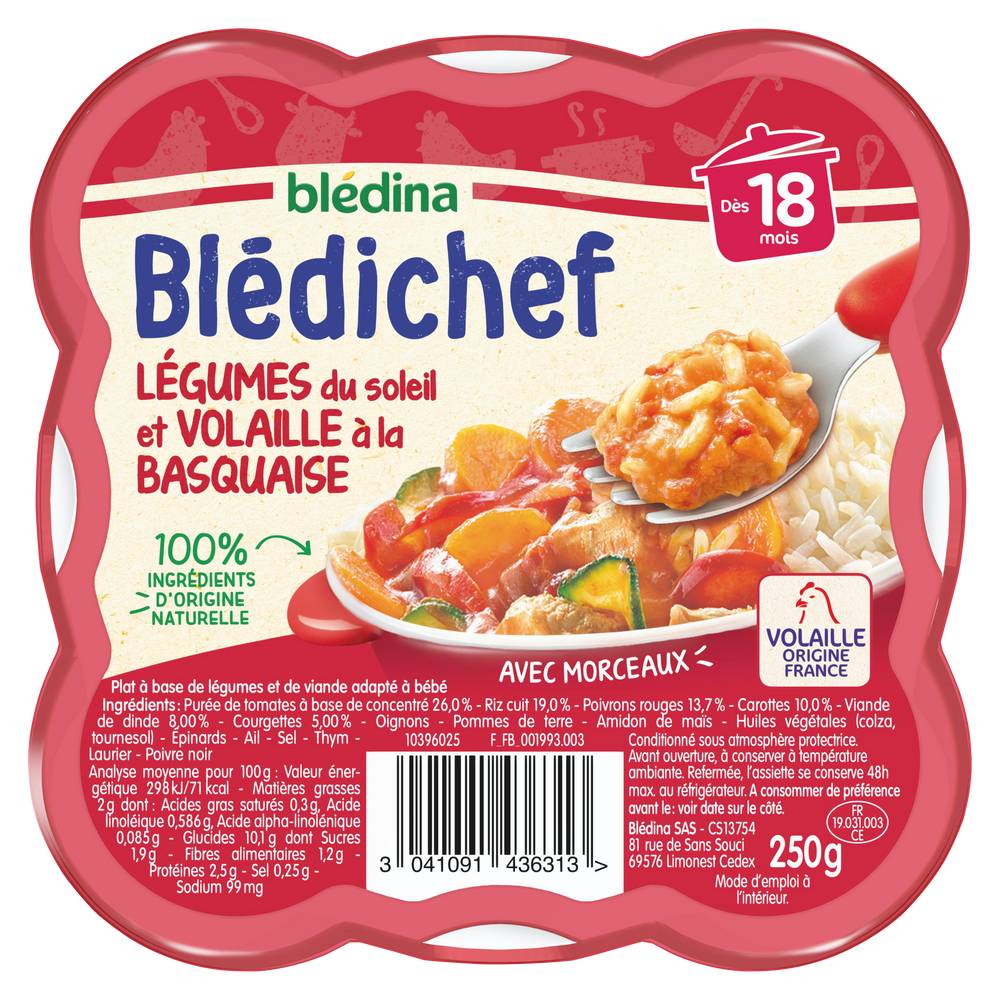 Blédina - Plat bébé légumes volaille basquaise dès 18 mois (250g)