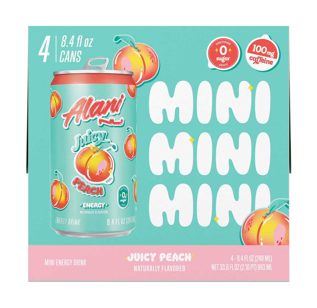 Alani Nu Mini Juicy Energy Drink, Peach (4 x 8.4 fl oz)