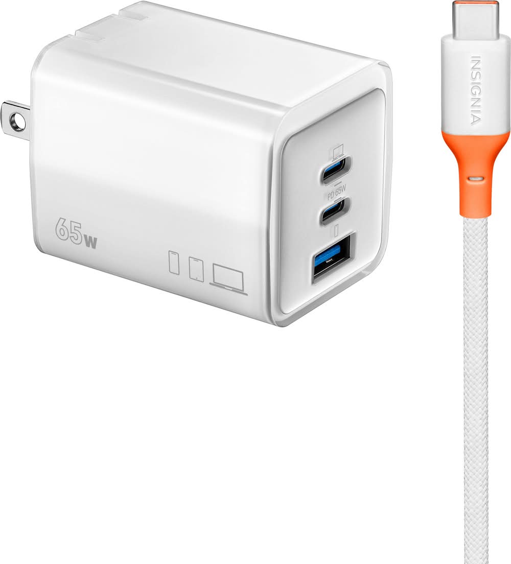 Insignia™ - 65W Wall Charger with 6 ft. USB-C Cable for Smartphones, Tablets, Laptops, and More - White