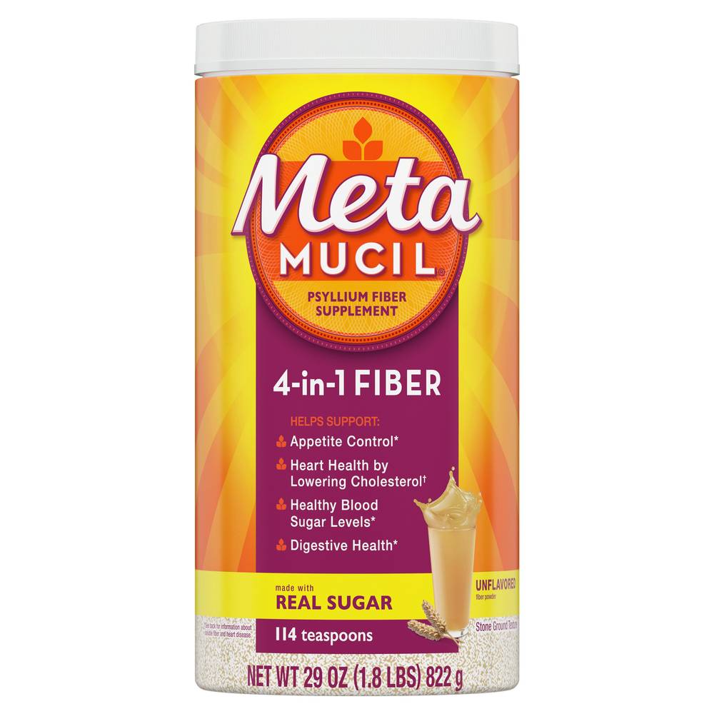 Metamucil 4-in-1 Psyllium Fiber Powder with Real Sugar, Unflavored, 114 Servings