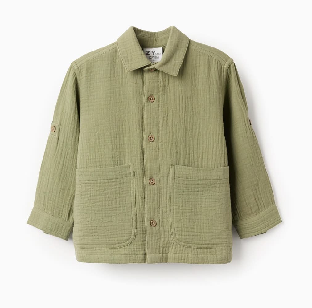 Camisa Em Bambula De Algodão Com Bolsos Para Bebé Menino, Verde-Escuro (Verde Escuro - 6/9M)