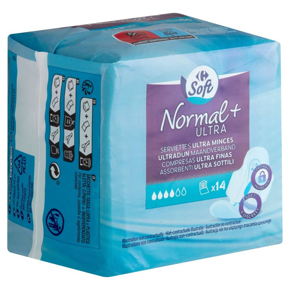 Carrefour Soft Normal + Serviette Ultra Minces 14 Pièces