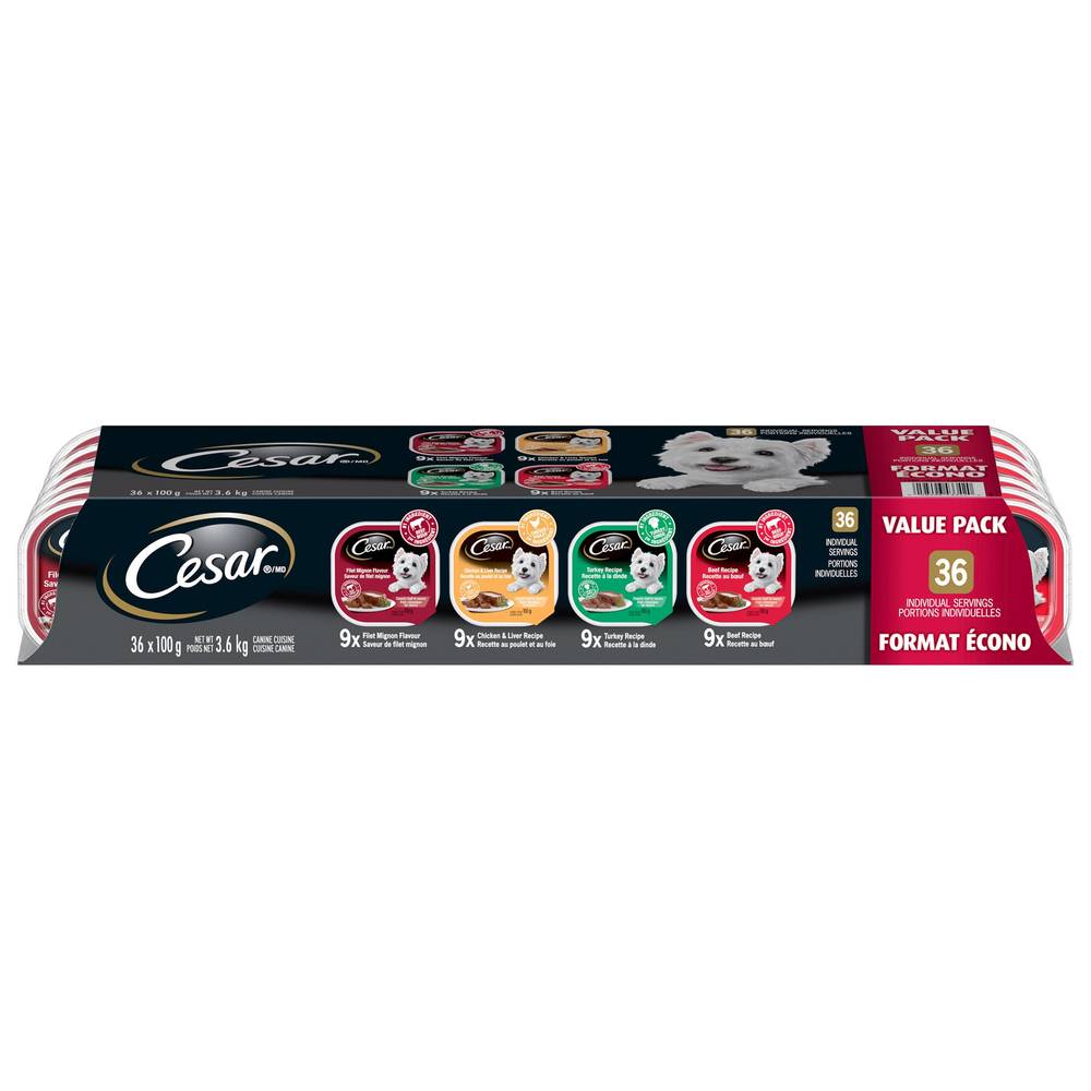 Cesar Classic Loaf In Sauce Soft Wet Dog Food Variety Pack- 36X100G Trays