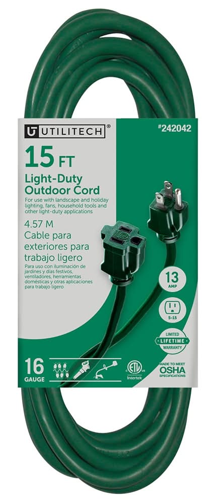 Utilitech 15-ft 16 / 3 Light Duty 3 Prong Green Outdoor Extension Power Cord