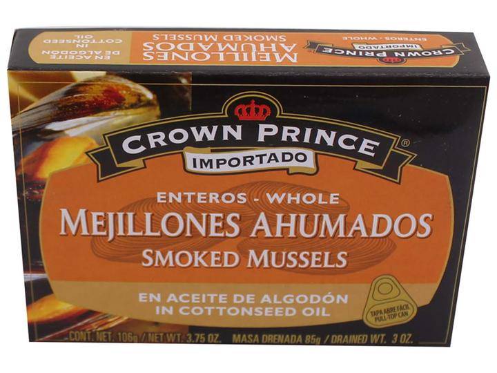 Crown Prince · Mejillones ahumados enteros en aceite de algodón (106 g)