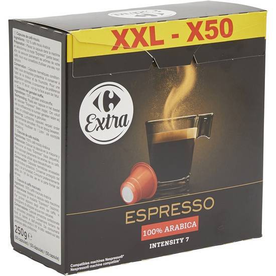 Carrefour Extra - Café capsules compatibles espresso 100% arabica intensité 7 (50 pièces, 250 g)