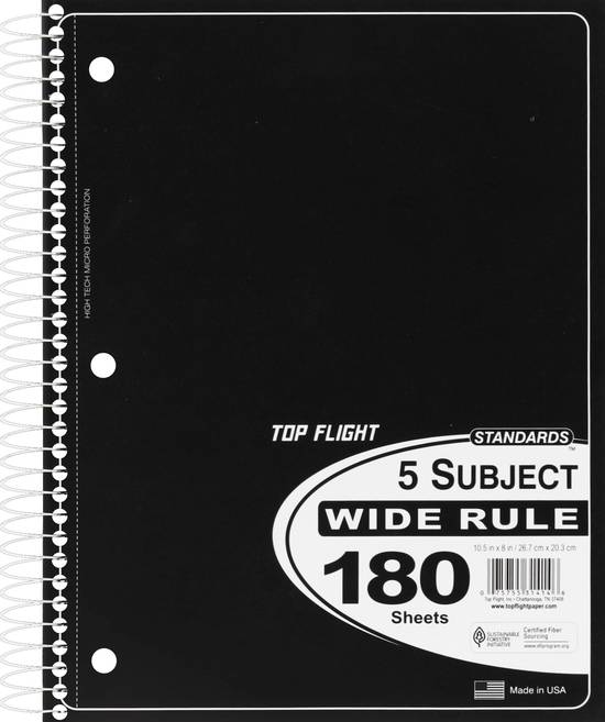 Top Flight 5 Subject Wide Rule 180 Sheets Notebook 180 Sheets