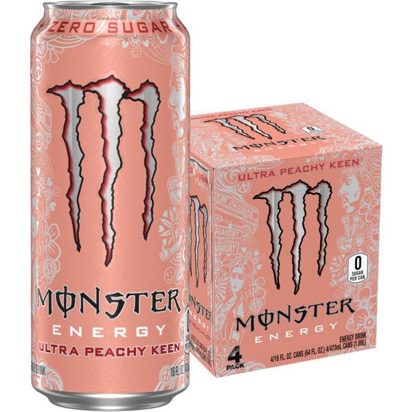 Monster Energy Zero Sugar Drink, Ultra Peachy Keen (4 x 16 fl oz)