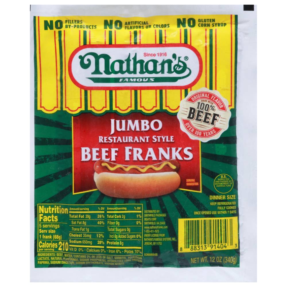 Nathan's Jumbo Restaurant Style Beef Franks (12 oz)