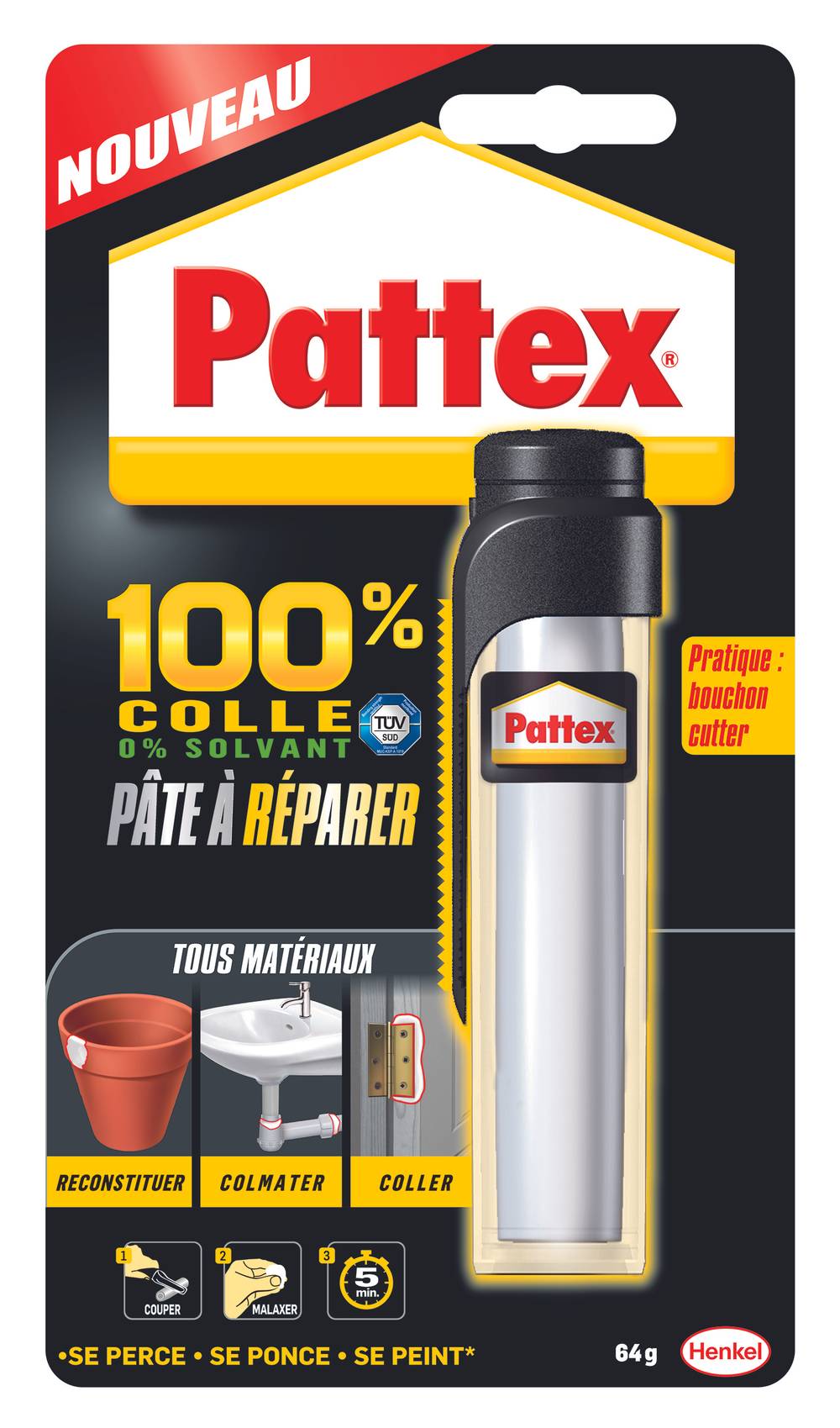 Pattex - Colle pâte epoxy 100% pâte à réparer (64g)