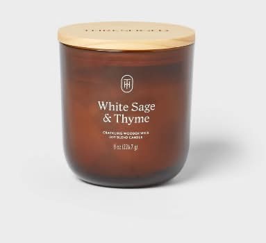 Threshold Amber Glass Wooden Wick Jar Candle, White Sage-Thyme (8 oz)
