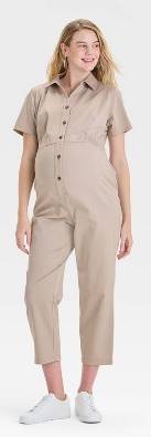 Short Sleeve Utility Maternity Jumpsuit - Isabel Maternity by Ingrid & Isabel™ Beige L: Collared