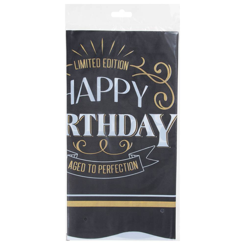 Party City Happy Birthday Plastic Table Cover (unisex/ 54in x 102in/black gold)