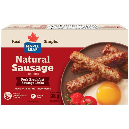 Maple Leaf Natural Pork Breakfast Sausage, Fully Cooked (300 g)