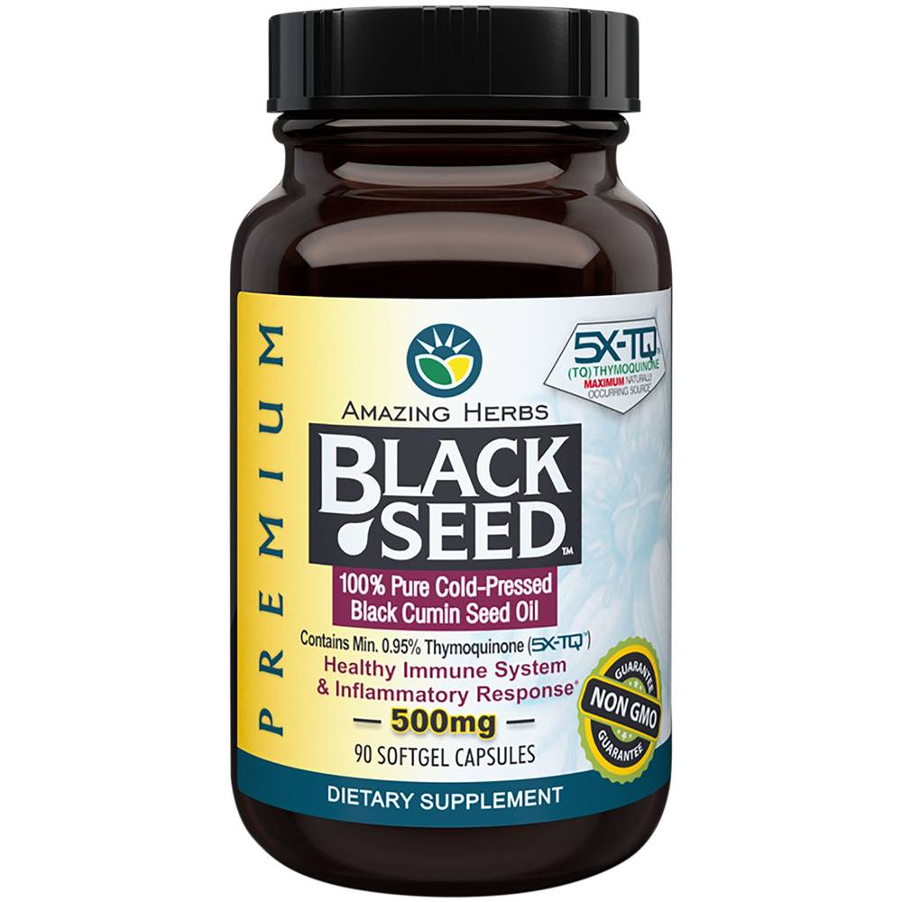 Amazing Herbs Black Seed Premium Oil 100% Pure Cold Pressed 500 mg Capsules (90 ct)