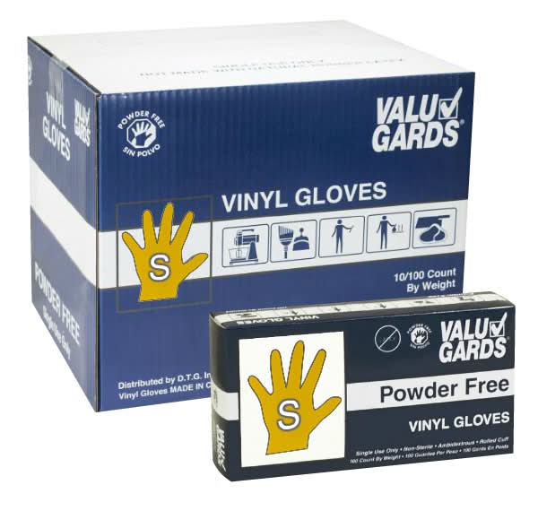 Valugards Powder Free Vinyl Gloves, Small (10 x 100 ct)