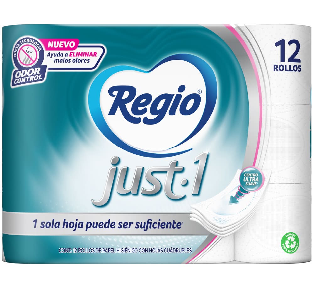 Regio · Just 1 papel higiénico con hojas cuádruples y centro ultrasuave (12 un)