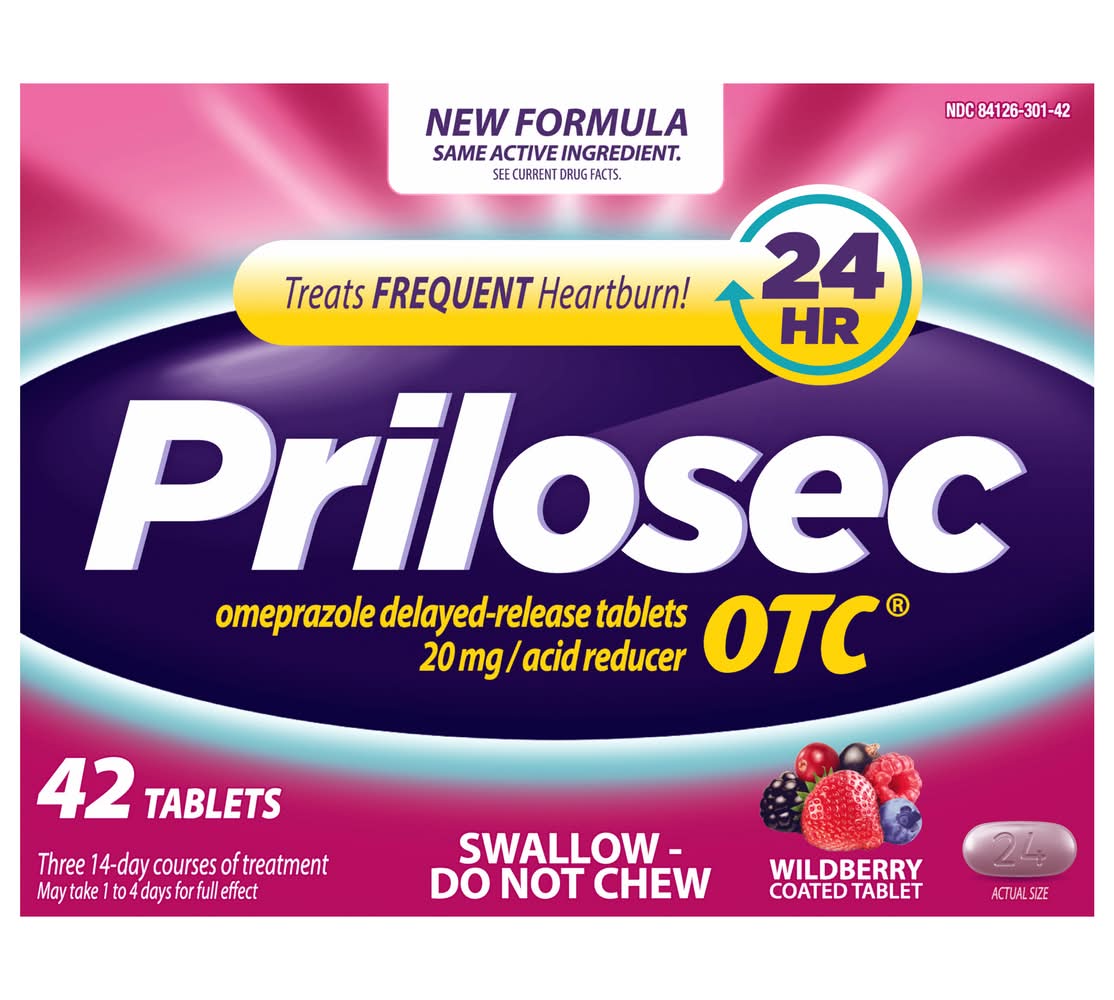 Prilosec OTC Omeprazole Delayed Release 20 mg Acid Reducer Tablets, Wildberry (42 ct)
