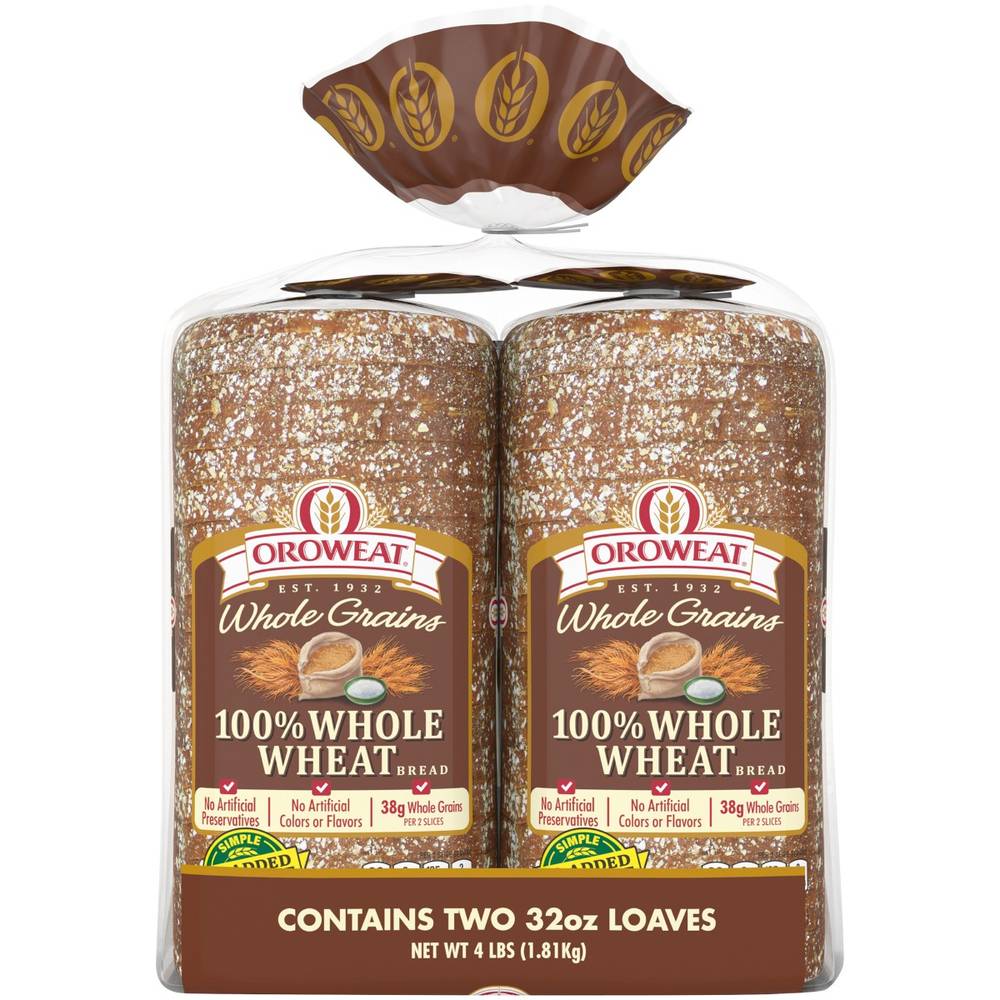 Oroweat - Whole Grains 100% Whole Wheat Bread, Twin Pack - 64 oz (Case of 1)