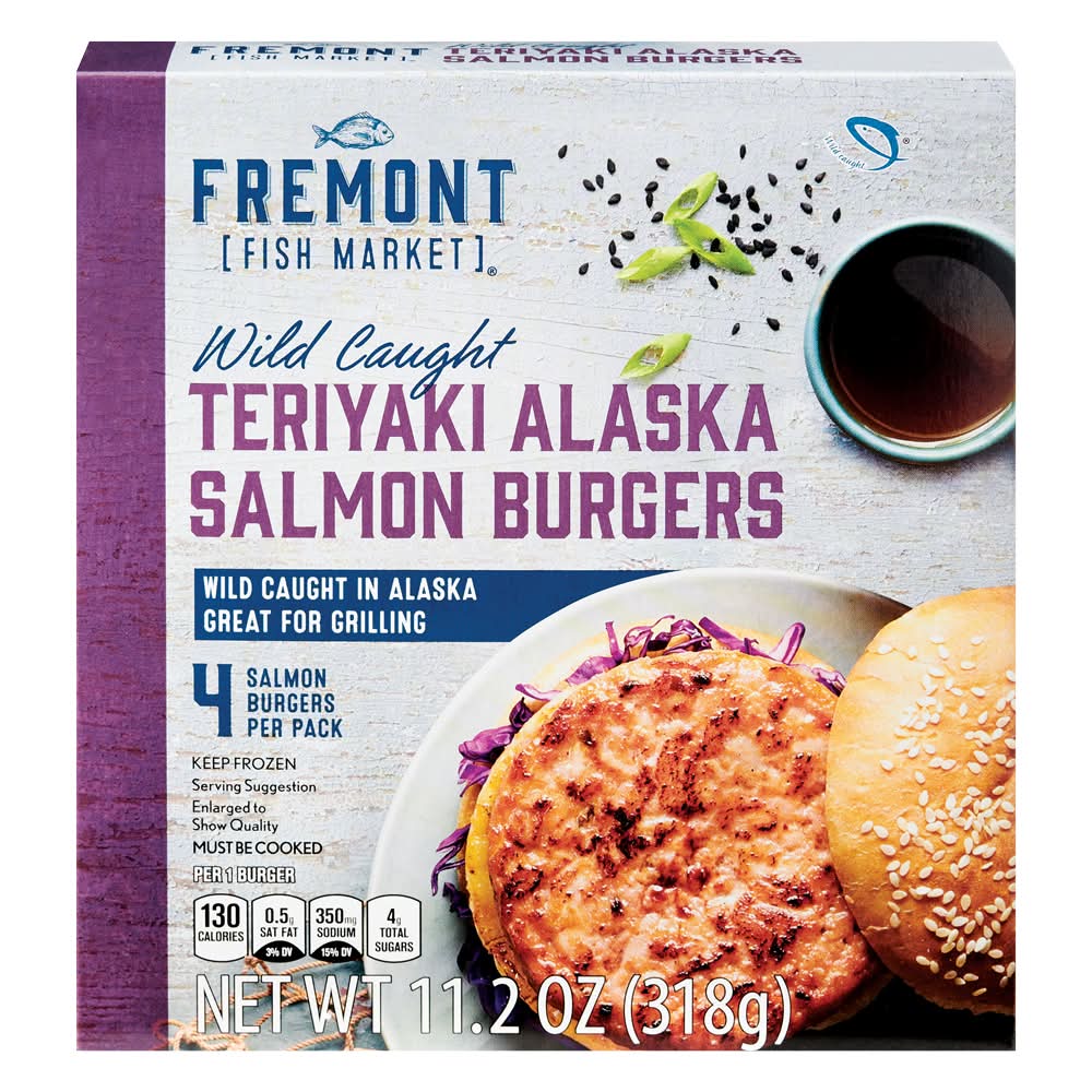 Fremont Fish Market Wild Caught Alaska Salmon Burgers, Teriyaki (11.2 oz, 4 ct)