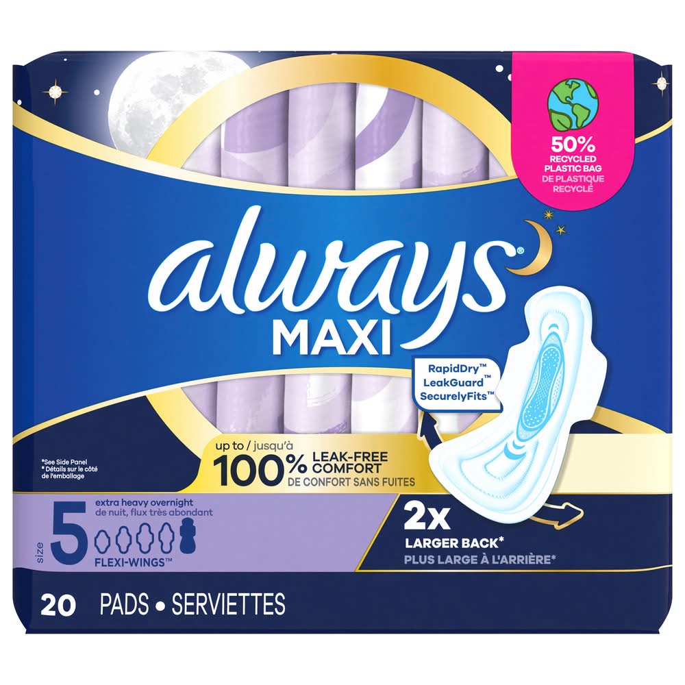Always Maxi Extra Heavy Overnight Flow Pads With Wings, Women, 5 (20 ct)