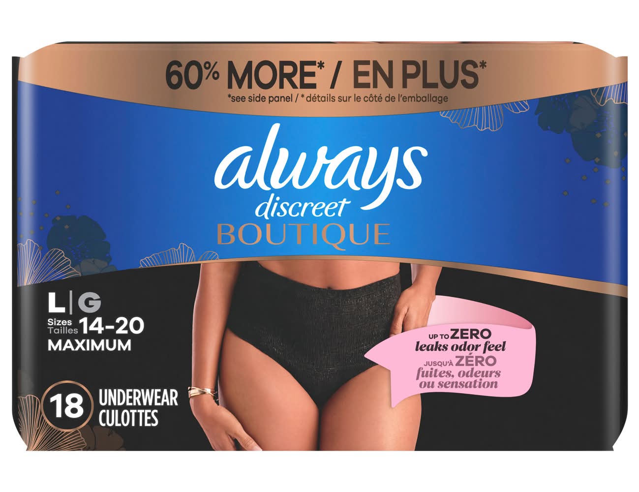 Always Boutique Incontinence Underwear, Women, L, Black (18 ct)