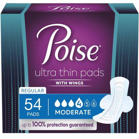 Poise Ultra Thin Pads With Wings Moderate Absorbency Regular Length (540 g, 54 ct)