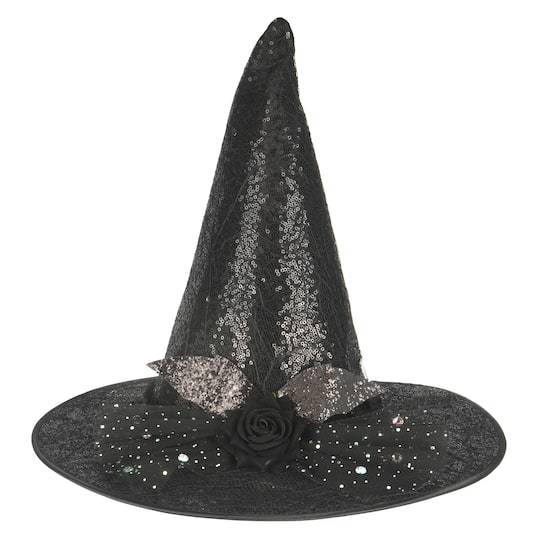 Celebrate It Sequined Adult Witch Hat With Bat Wings & Rose, Black