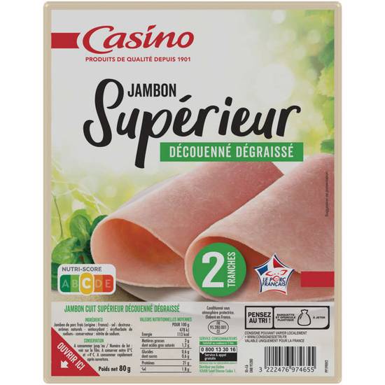 CASINO - Jambon supérieur - Découenné dégraissé - 2 tranches - 80g