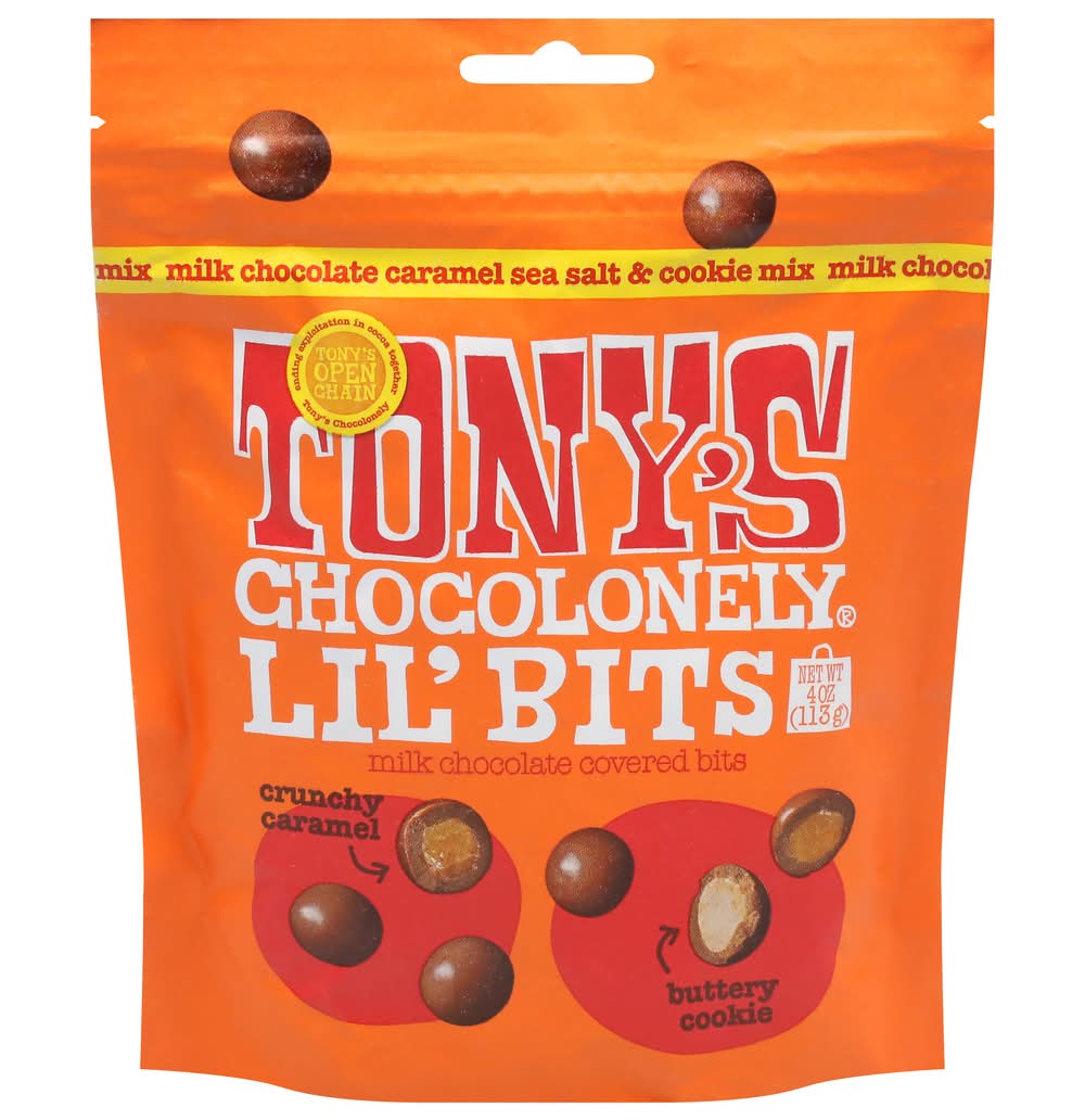 Tony's Chocolonely Lil' Bits Milk Chocolate Covered Bits, Crunchy Caramel Buttery Cookie (4 oz)