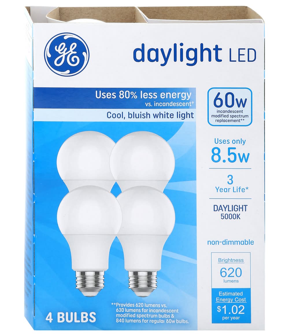 General Electric Basic Led 60 Watt Daylight A19 General Purpose Bulbs, Cool Bluish White (4 ct)