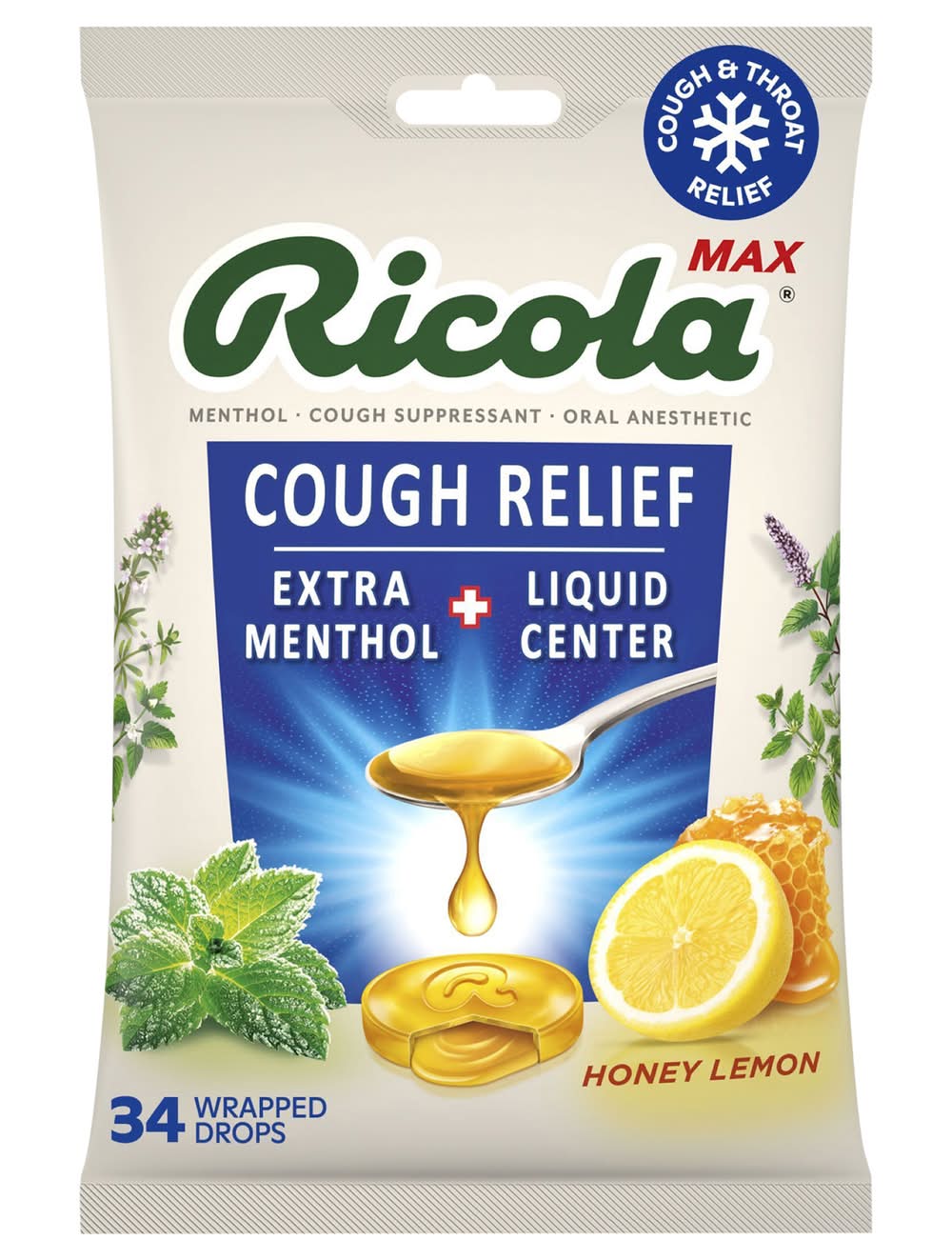 Ricola Extra Strength Throat Care Cough Drops, Honey Lemon (34 ct)